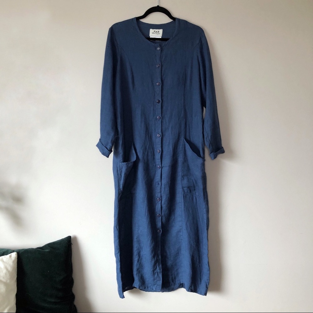 FLAX linen maxi button up dress long sleeve S blue - Picture 1 of 9